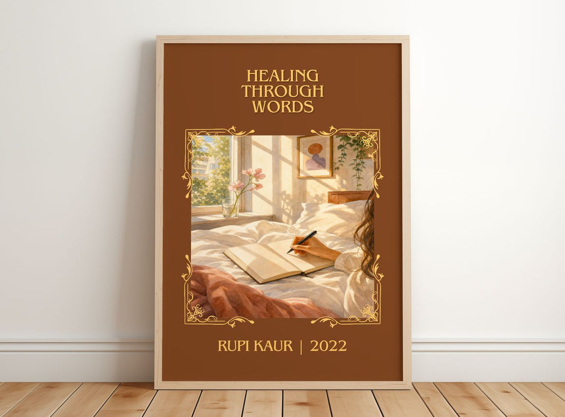 Healing Through Words Classic Book Art Print by Rupi Kaur – framed print leaning on a wooden floor