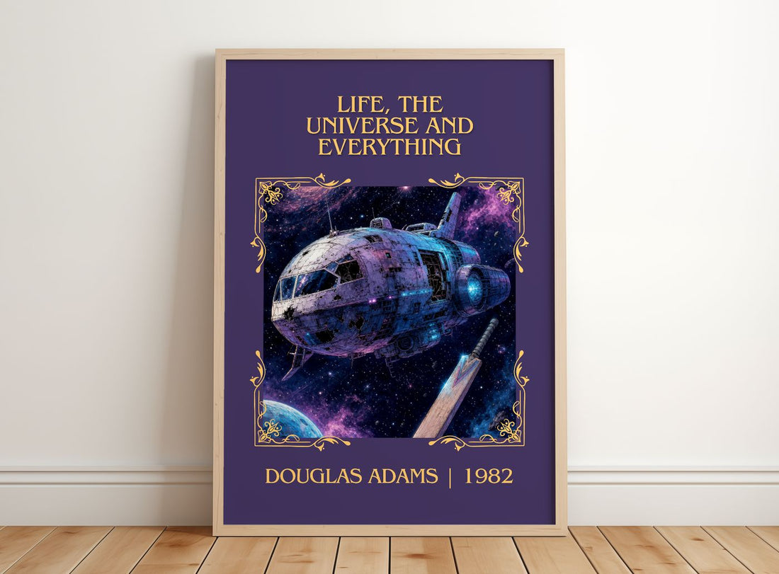 Life, the Universe and Everything Classic Book Art Print by D. Adams – framed print leaning on a wooden floor