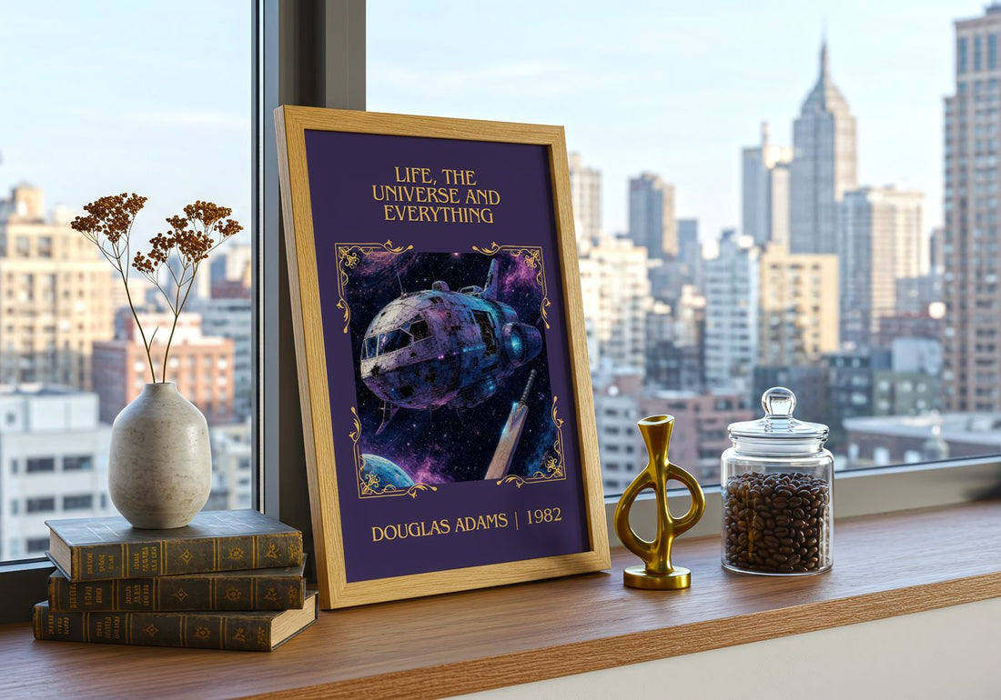 Life, the Universe and Everything Classic Book Art Print by D. Adams – framed print on a city-view windowsill