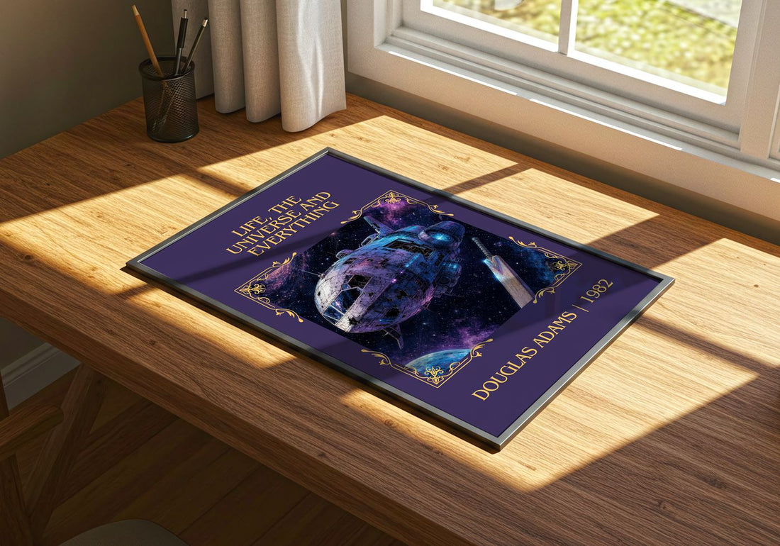 Life, the Universe and Everything Classic Book Art Print by D. Adams – print on a sunlit desk