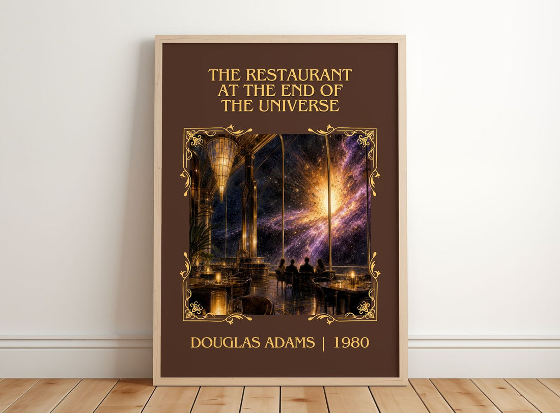The Restaurant at the End of the Universe Classic Book Art Print by Douglas Adams – framed print leaning on a wooden floor