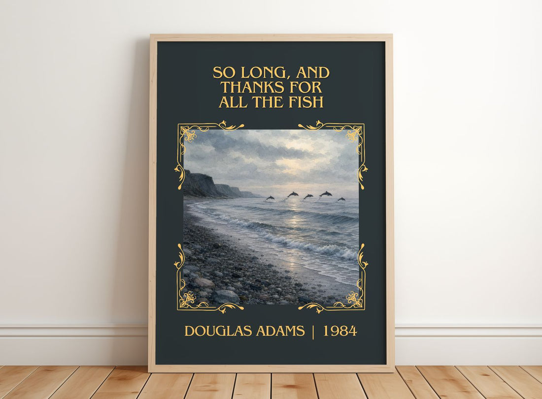 So long, and thanks for all the fish Classic Book Art Print by Douglas Adams – framed print leaning on a wooden floor