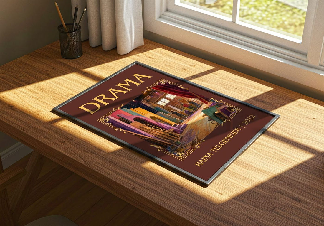Drama Classic Book Art Print by Raina Telgemeier – print on a sunlit desk