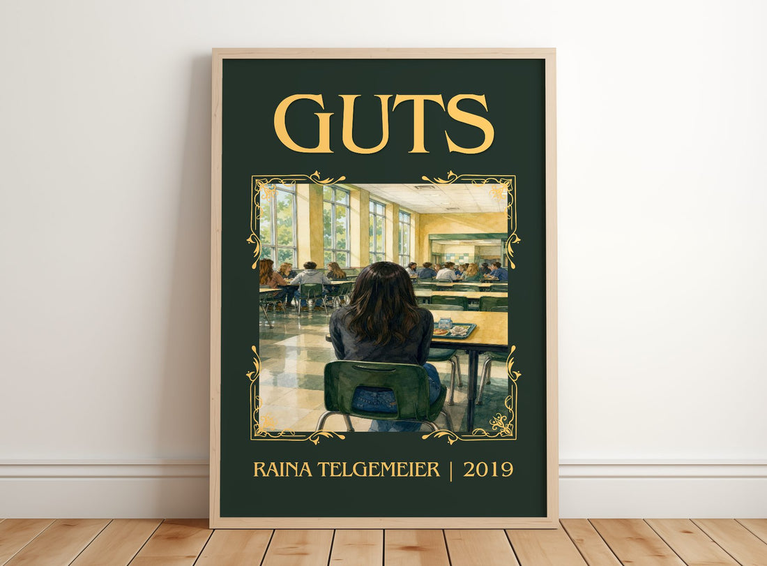 Guts Classic Book Art Print by Raina Telgemeier – framed print leaning on a wooden floor