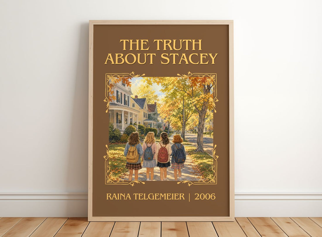The Truth About Stacey Classic Book Art Print by Raina Telgemeier – framed print leaning on a wooden floor