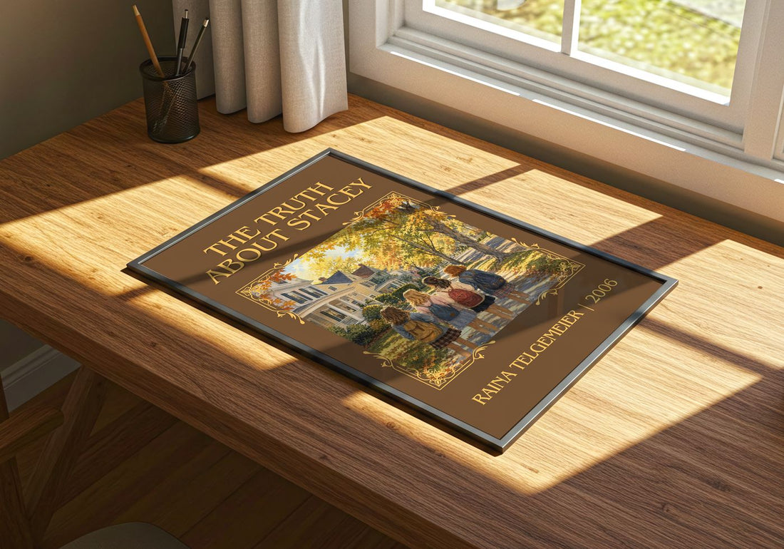 The Truth About Stacey Classic Book Art Print by Raina Telgemeier – print on a sunlit desk