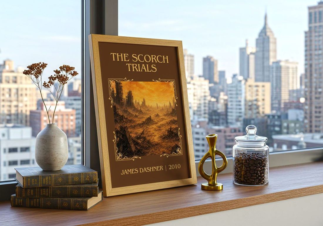 The Scorch Trials Classic Book Art Print by James Dashner – framed print on a city-view windowsill