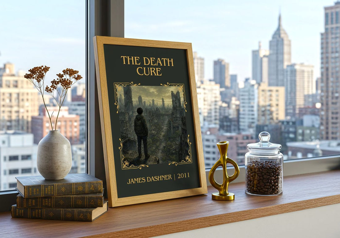 The Death Cure Classic Book Art Print by James Dashner – framed print on a city-view windowsill