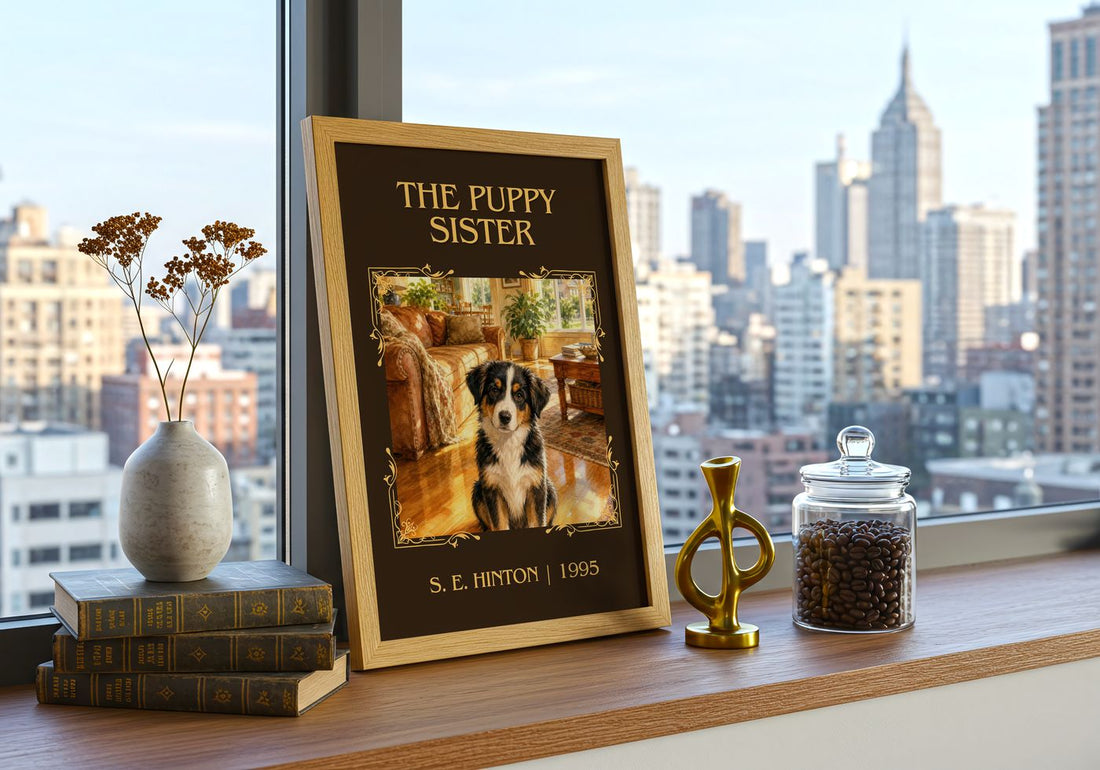 The Puppy Sister Classic Book Art Print by S. E. Hinton – framed print on a city-view windowsill