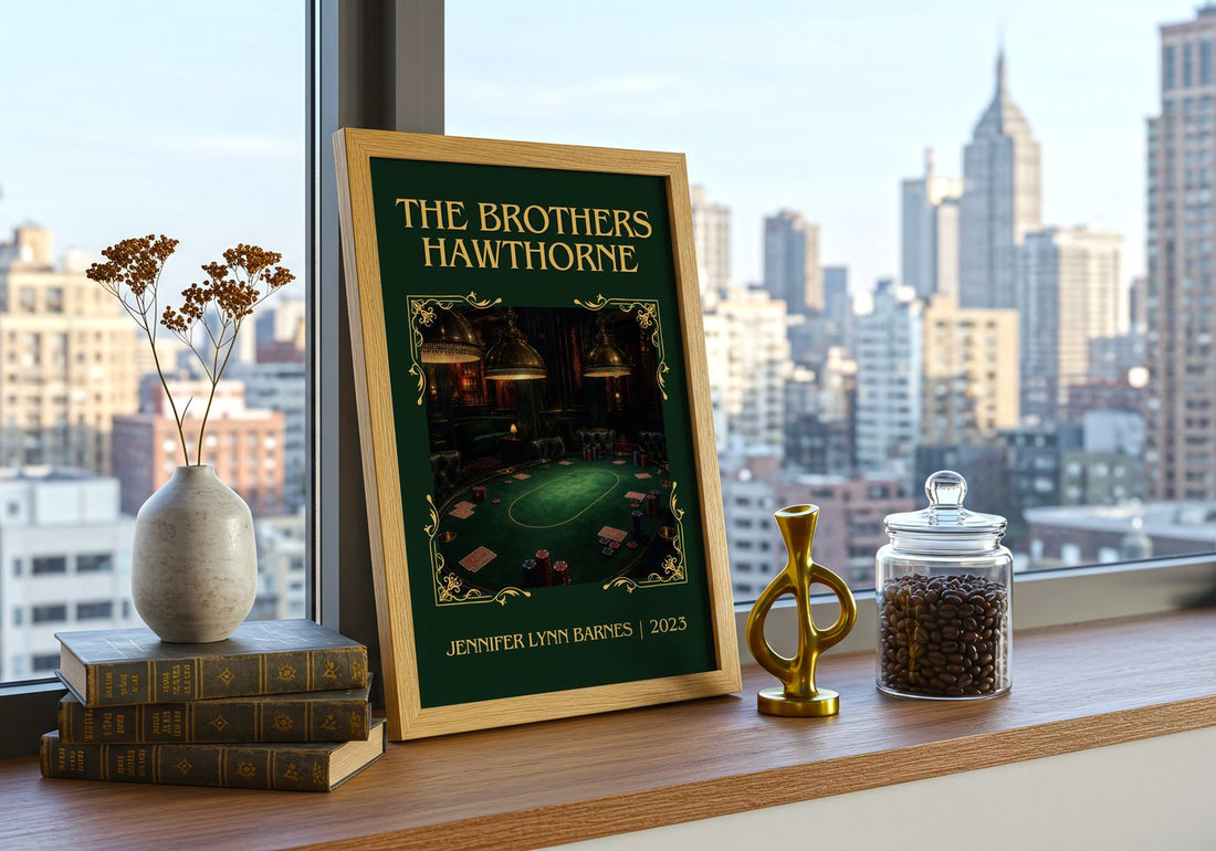 The Brothers Hawthorne Classic Book Art Print by Jennifer Lynn Barnes – framed print on a city-view windowsill