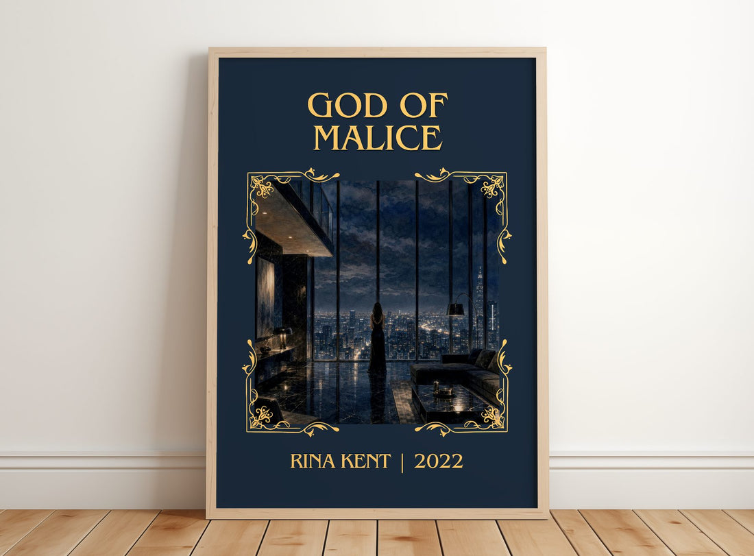 God of Malice Classic Book Art Print by Rina Kent – framed print leaning on a wooden floor