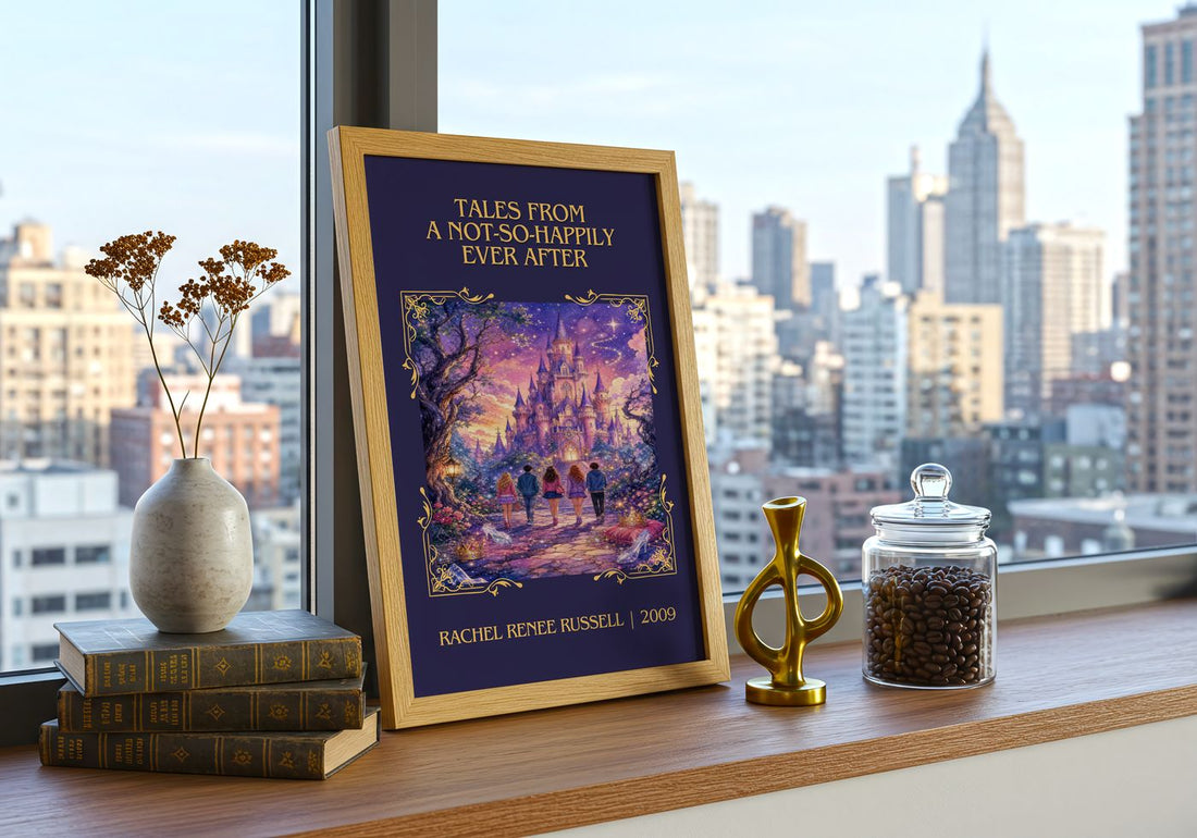 Tales from a Not-So-Happily Ever After Classic Book Art Print by Rachel Renée Russell – framed print on a city-view windowsill