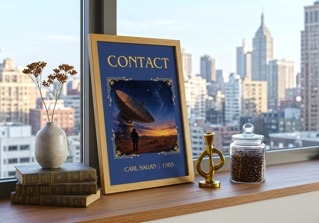 Contact Classic Book Art Print by Carl Sagan – framed print on a city-view windowsill