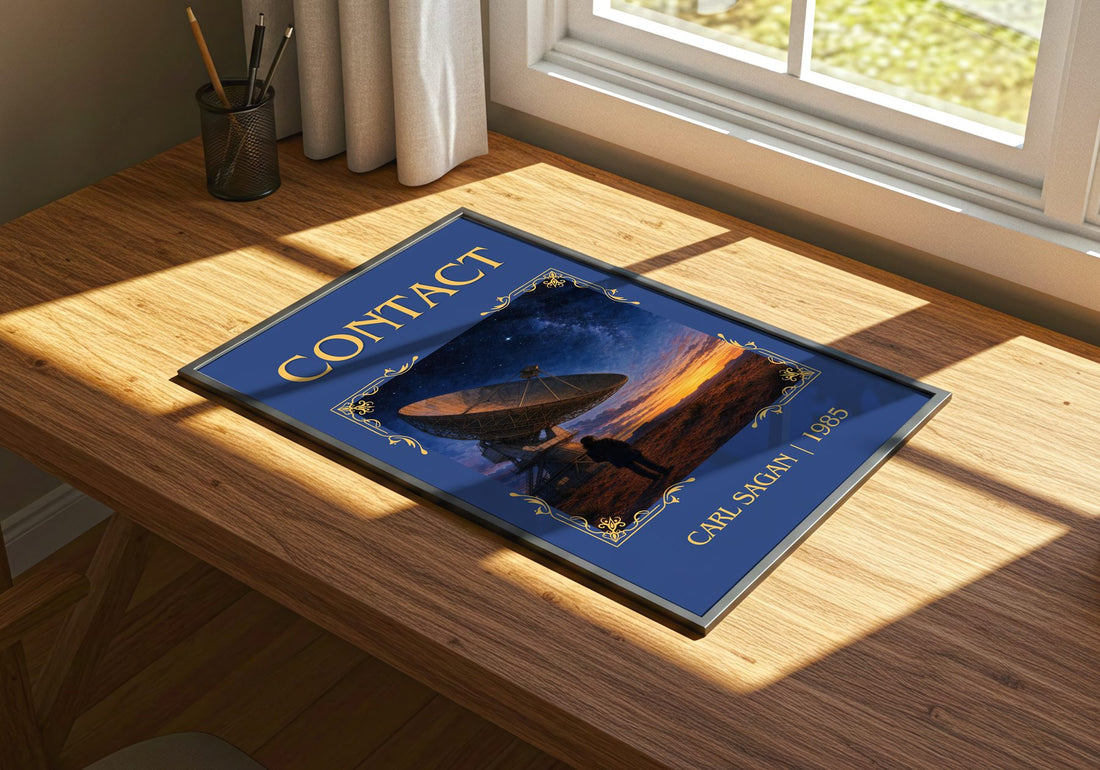Contact Classic Book Art Print by Carl Sagan – print on a sunlit desk