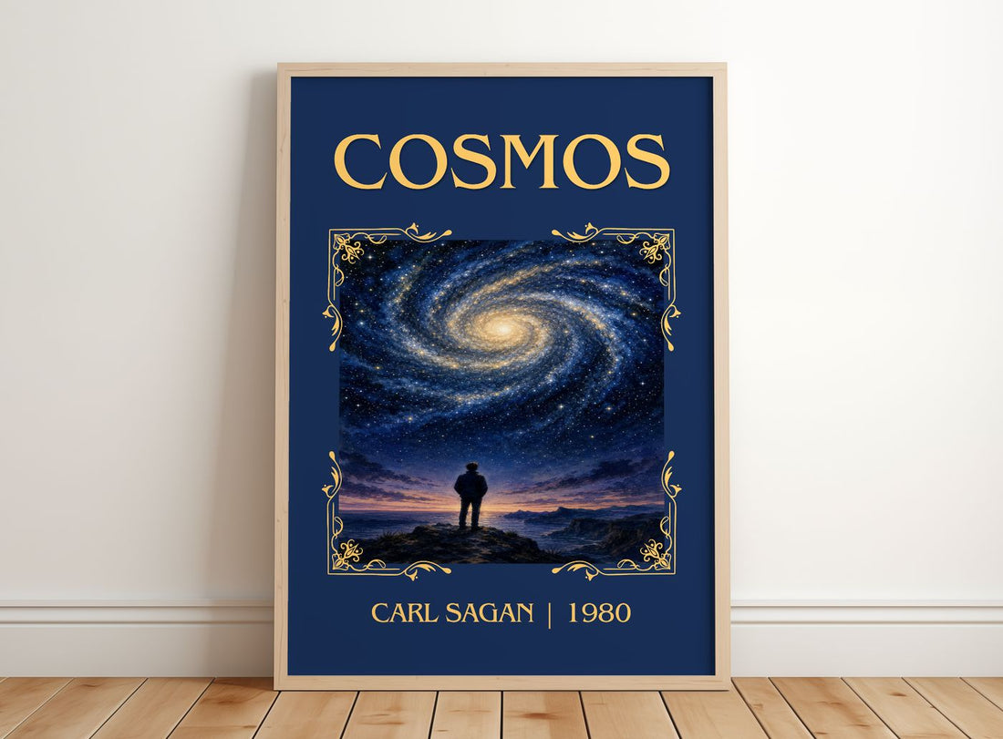 Cosmos Classic Book Art Print by Carl Sagan – framed print leaning on a wooden floor