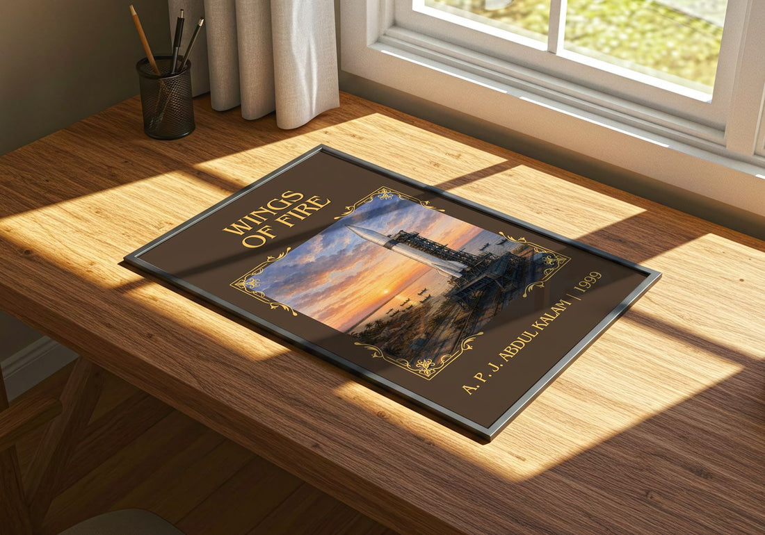 Wings of Fire Classic Book Art Print by A. P. J. Abdul Kalam – print on a sunlit desk