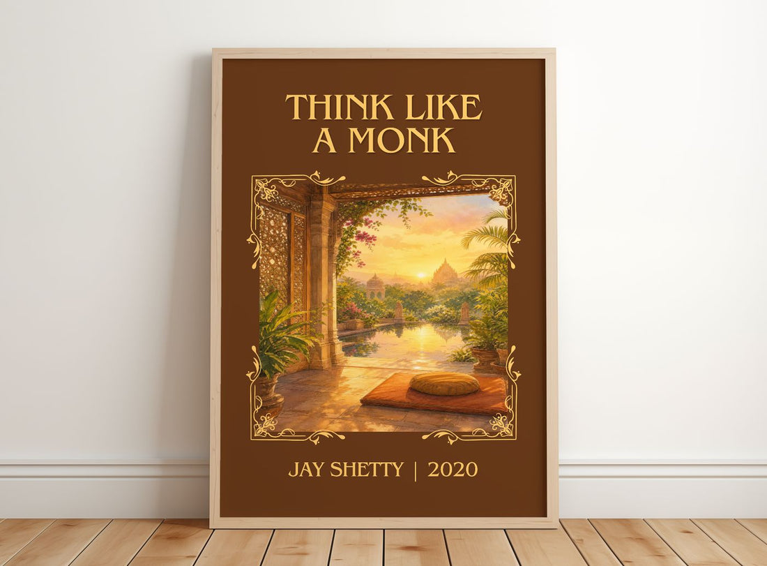 Think Like a Monk Classic Book Art Print by Jay Shetty – framed print leaning on a wooden floor