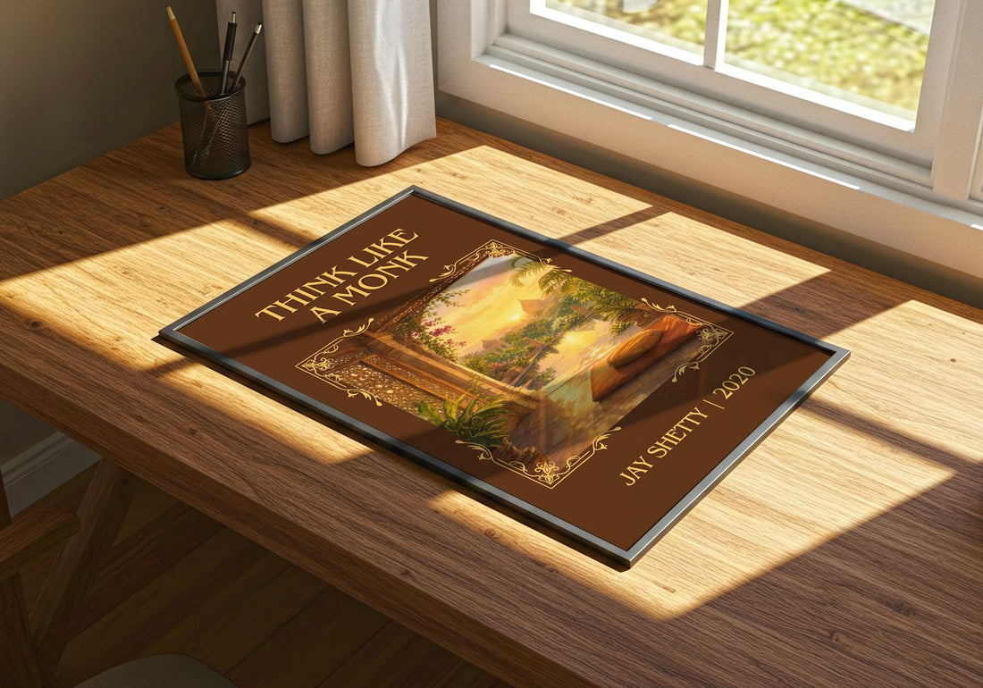Think Like a Monk Classic Book Art Print by Jay Shetty – print on a sunlit desk