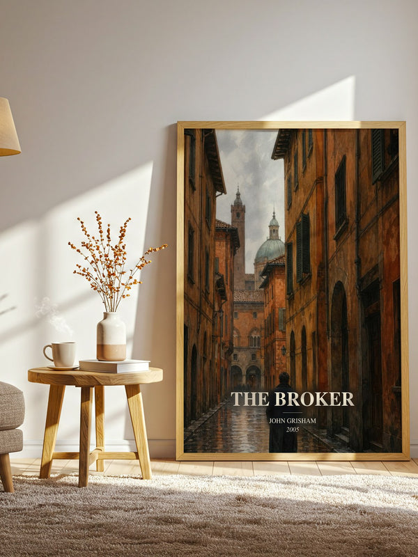The Broker watercolour print in frame leaning in hallway – thriller wall art