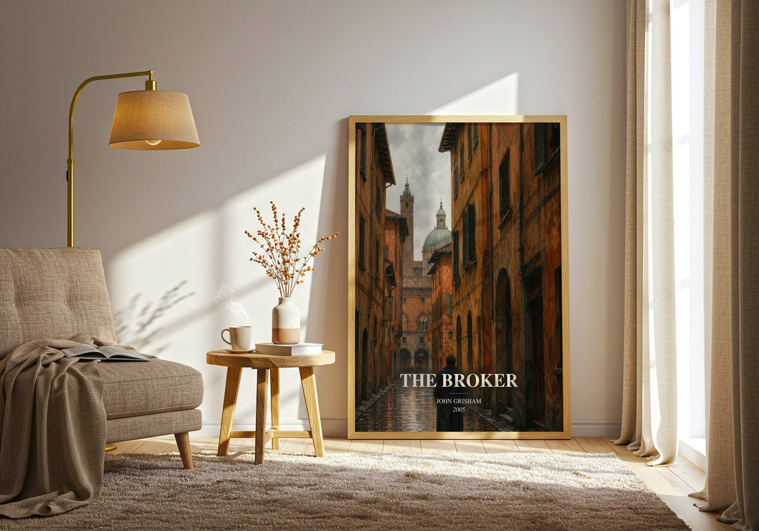 The Broker watercolour print in frame leaning in hallway – thriller wall art (mockup)