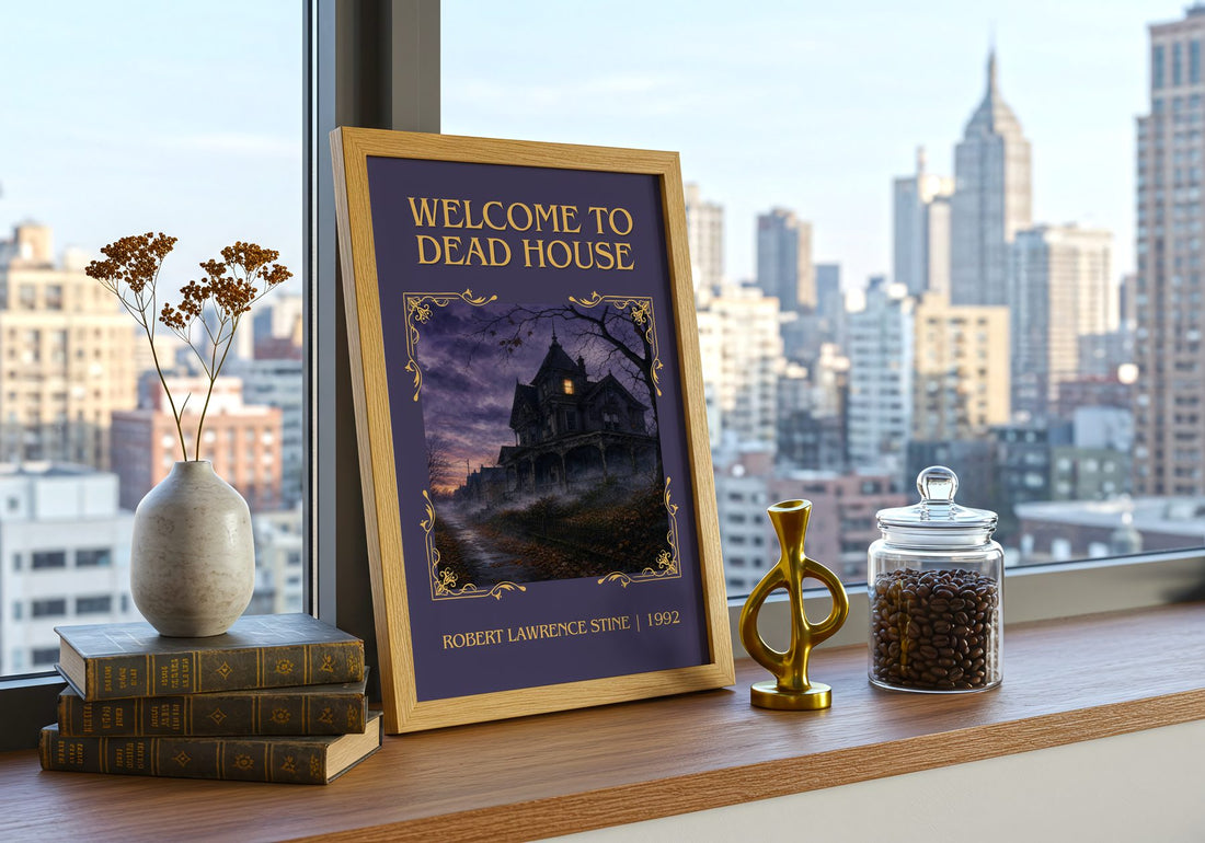 Welcome to Dead House Classic Book Art Print by Robert Lawrence Stine – framed print on a city-view windowsill