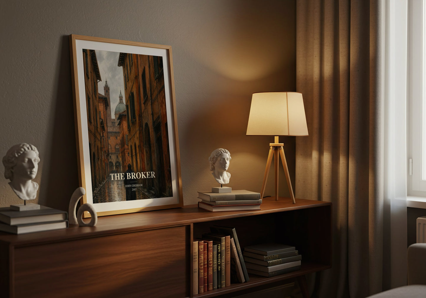 The Broker watercolour print on bookshelf – John Grisham fan gift