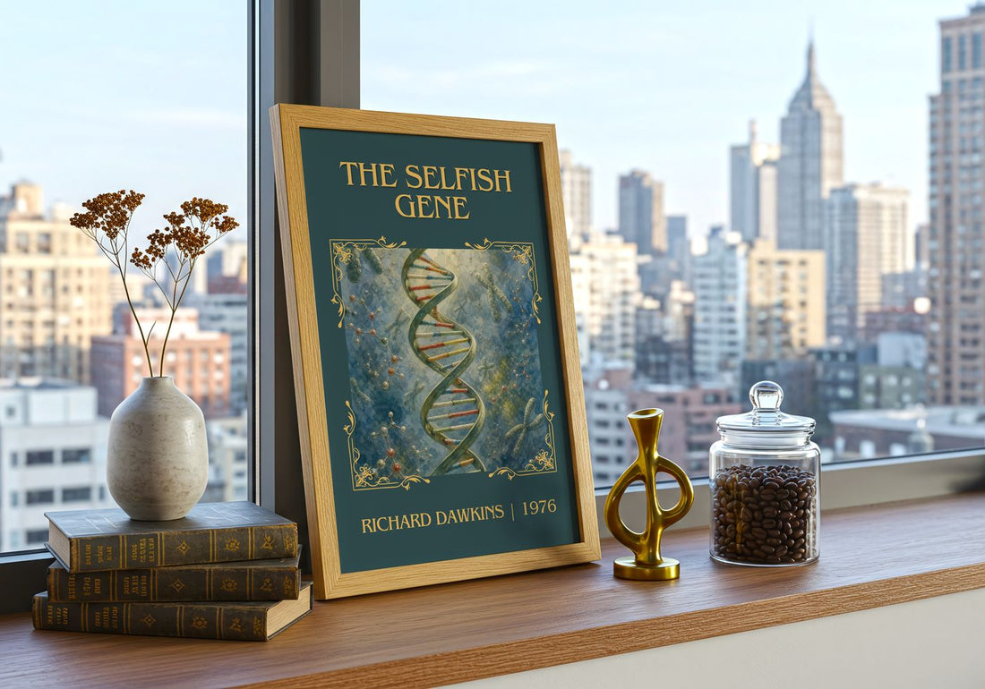The Selfish Gene Classic Book Art Print by Richard Dawkins – framed print on a city-view windowsill