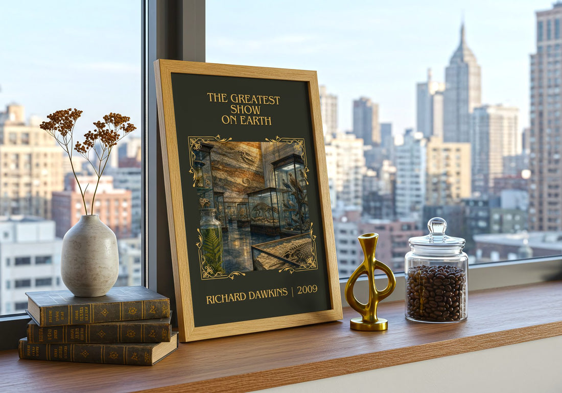 The Greatest Show on Earth Classic Book Art Print by Richard Dawkins – framed print on a city-view windowsill