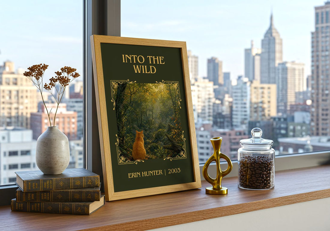 Into the Wild Classic Book Art Print by Erin Hunter – framed print on a city-view windowsill