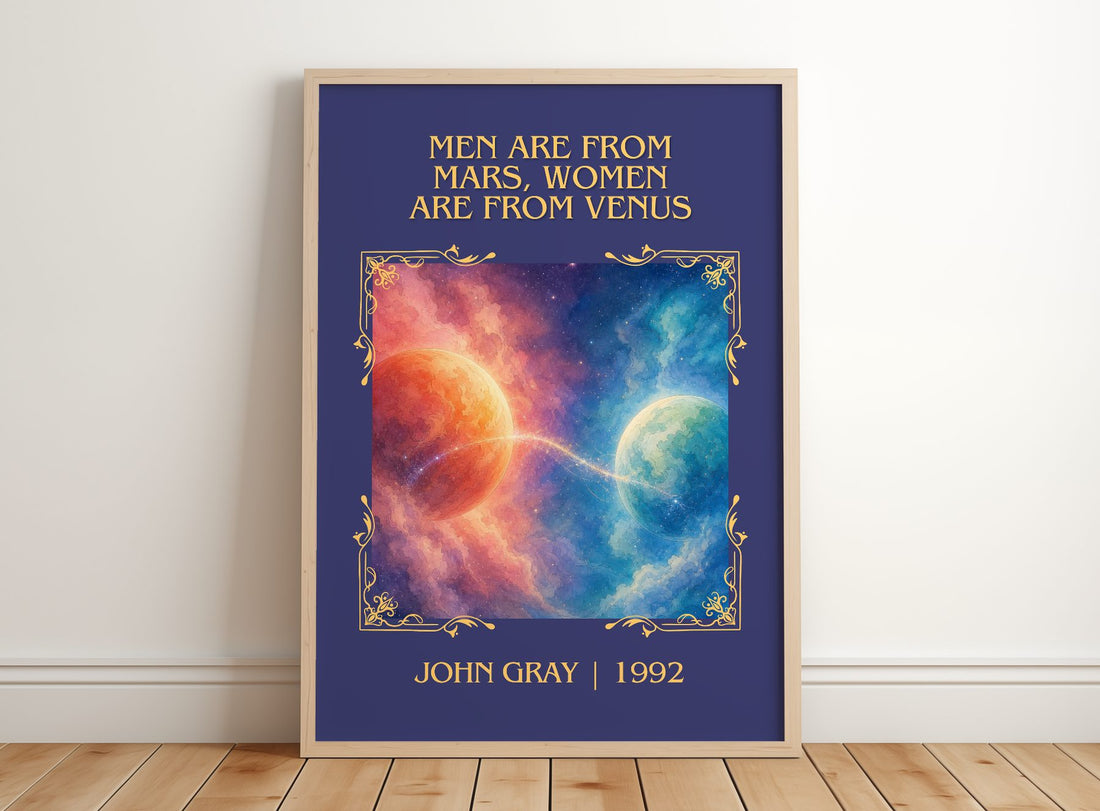 Men are From Mars, Women are From Venus Classic Book Art Print by John Gray – framed print leaning on a wooden floor