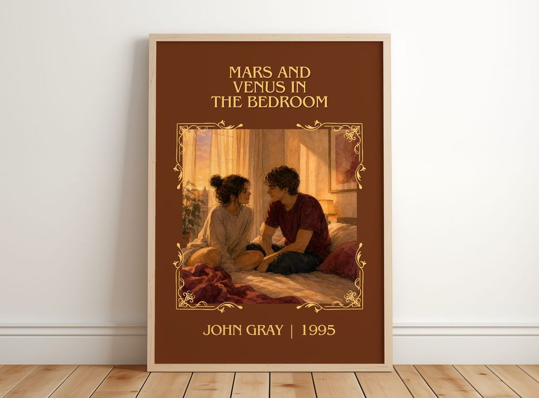 Mars and Venus in the bedroom Classic Book Art Print by John Gray – framed print leaning on a wooden floor