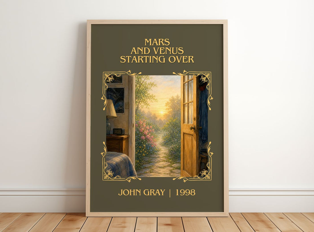 Mars and Venus Starting Over Classic Book Art Print by John Gray – framed print leaning on a wooden floor