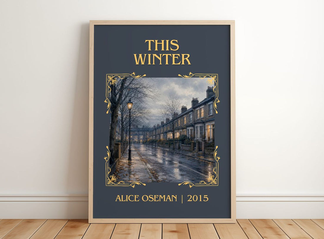 This Winter Classic Book Art Print by Alice Oseman – framed print leaning on a wooden floor