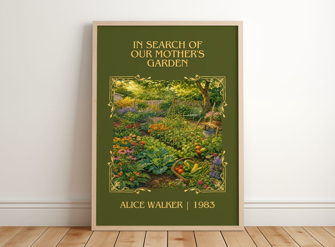 In Search of Our Mother's Garden Classic Book Art Print by A. Walker – framed print leaning on a wooden floor