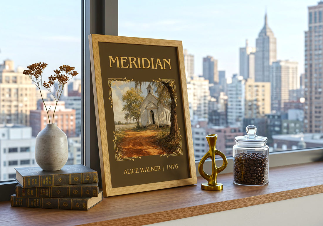 Meridian Classic Book Art Print by Alice Walker – framed print on a city-view windowsill