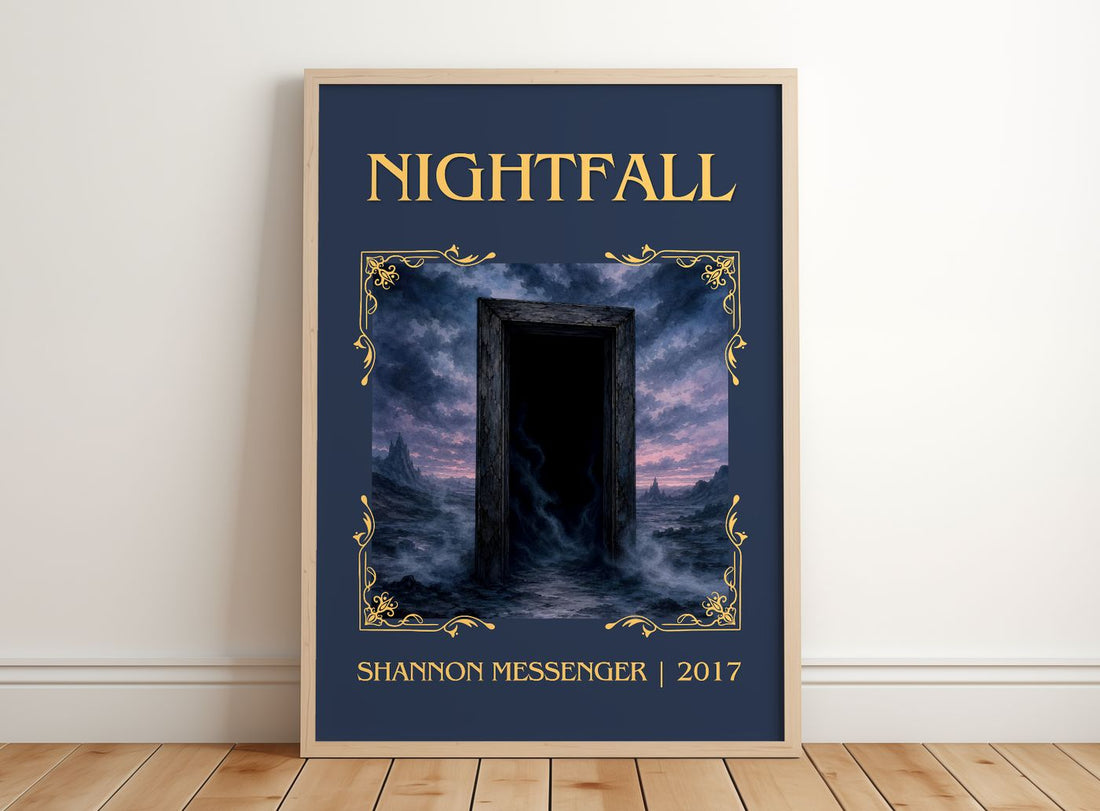 Nightfall Classic Book Art Print by Shannon Messenger – framed print leaning on a wooden floor