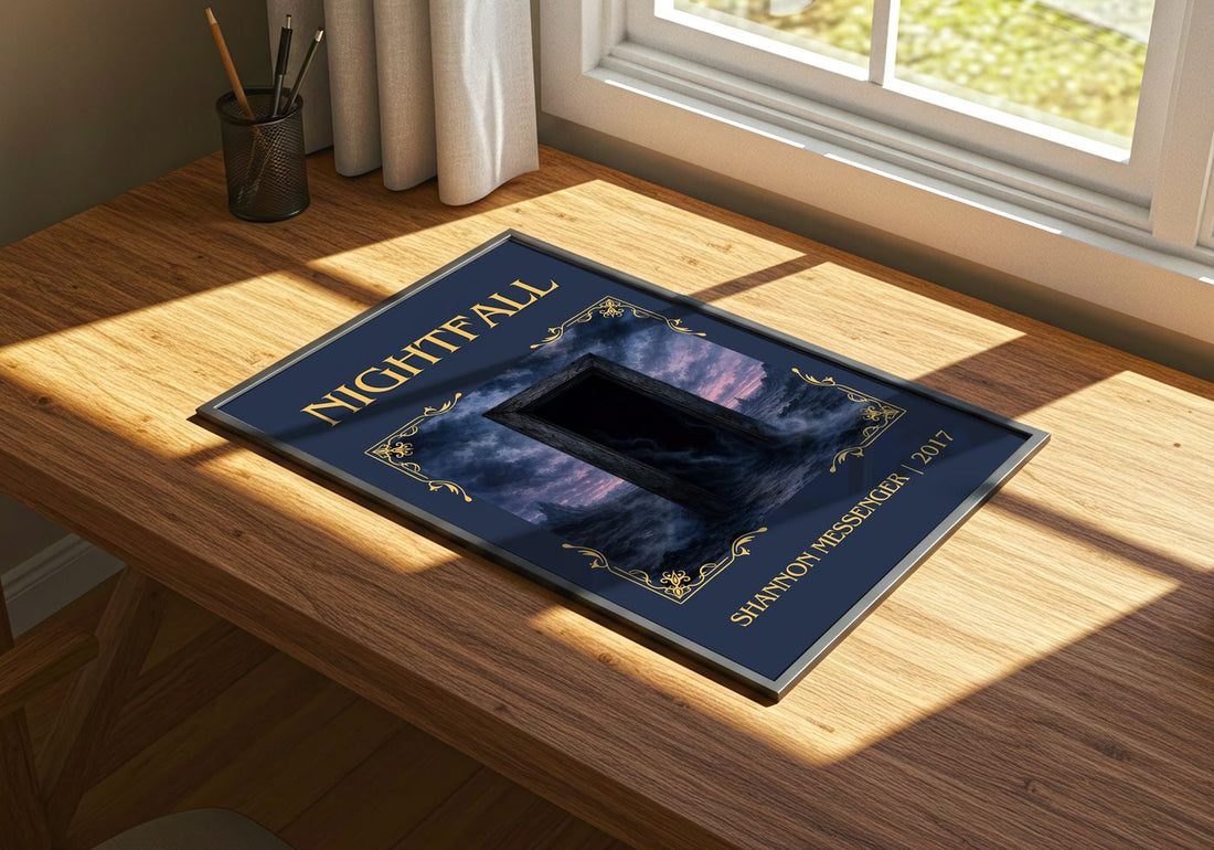 Nightfall Classic Book Art Print by Shannon Messenger – print on a sunlit desk