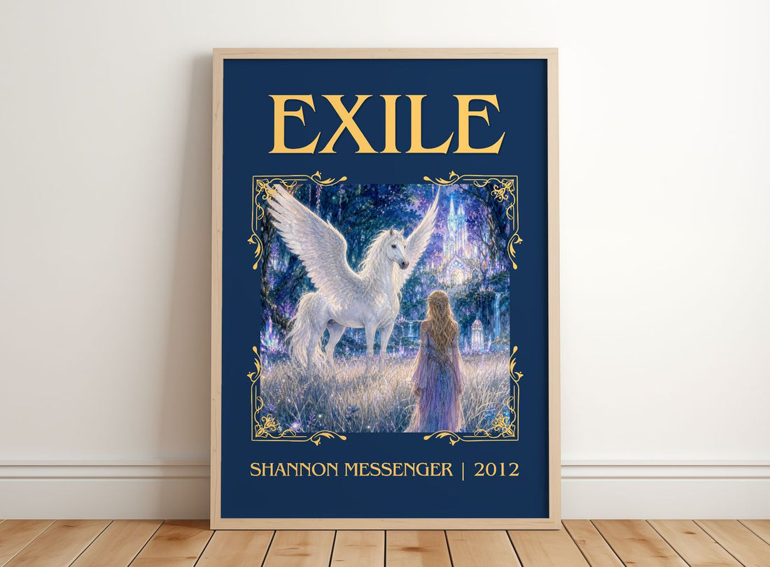 Exile Classic Book Art Print by Shannon Messenger – framed print leaning on a wooden floor