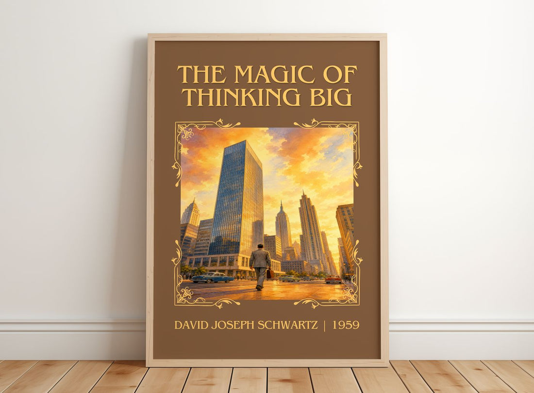 Magic of Thinking Big Classic Book Art Print by David Joseph Schwartz – framed print leaning on a wooden floor