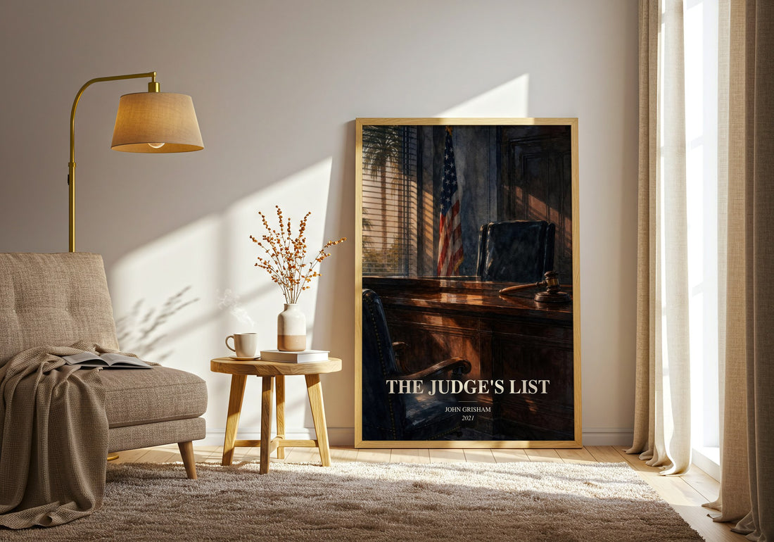 The Judge'S List watercolour print in frame leaning in hallway – thriller wall art (mockup)