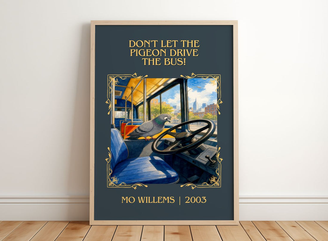 Don't Let the Pigeon Drive the Bus! Classic Book Art Print by Mo Willems – framed print leaning on a wooden floor