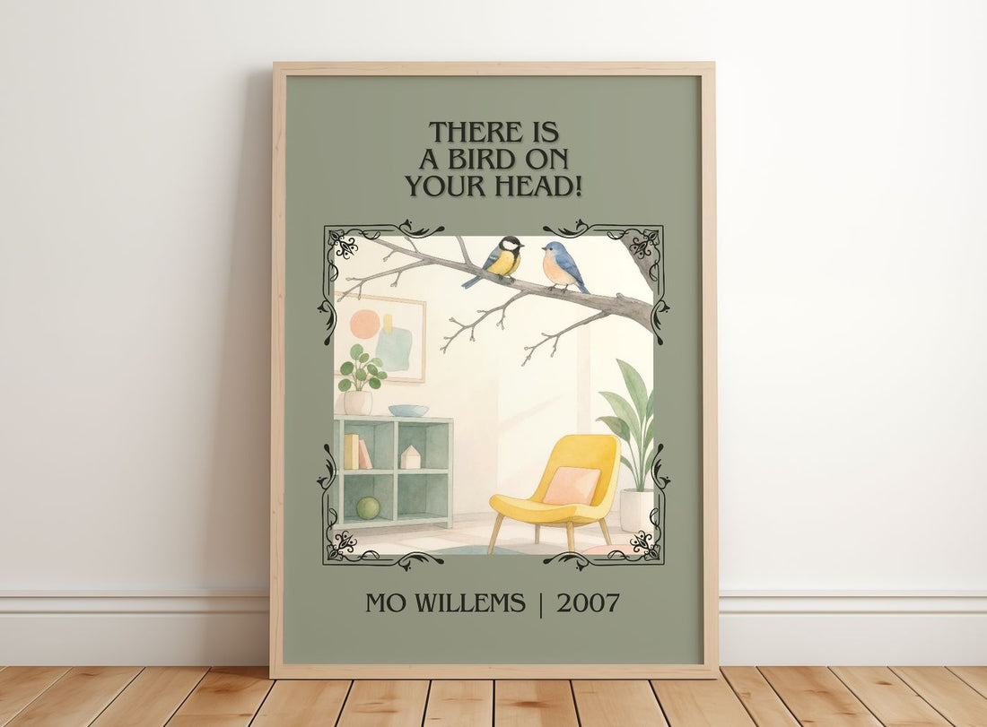 There is a bird on your head! Classic Book Art Print by Mo Willems – framed print leaning on a wooden floor