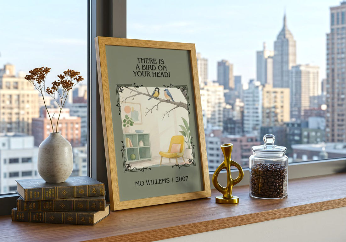 There is a bird on your head! Classic Book Art Print by Mo Willems – framed print on a city-view windowsill