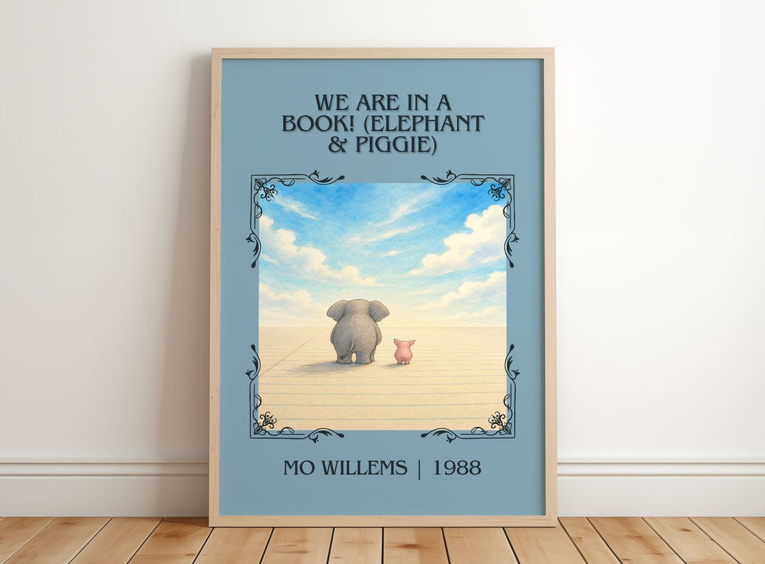 We Are in a Book! (Elephant & Piggie) Classic Book Art Print by Mo Willems – framed print leaning on a wooden floor