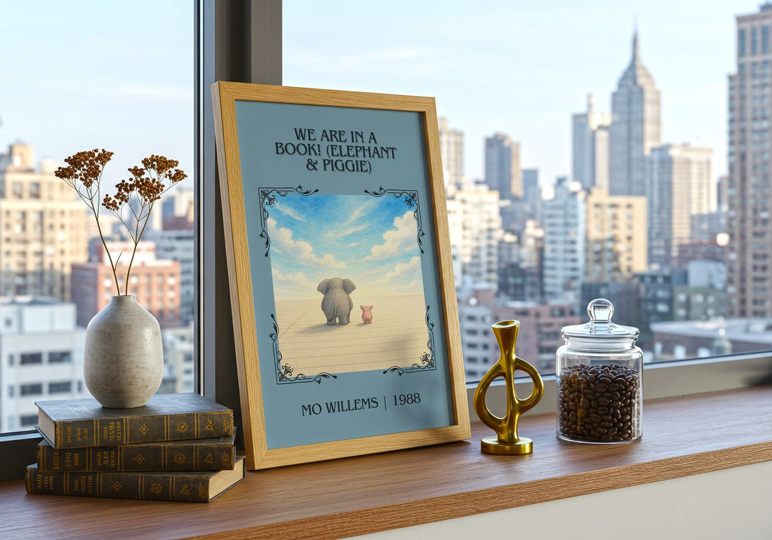 We Are in a Book! (Elephant & Piggie) Classic Book Art Print by Mo Willems – framed print on a city-view windowsill