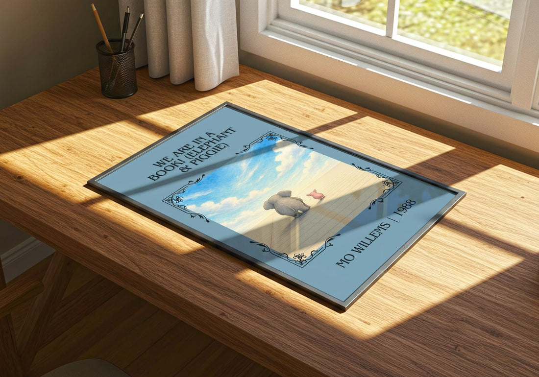 We Are in a Book! (Elephant & Piggie) Classic Book Art Print by Mo Willems – print on a sunlit desk