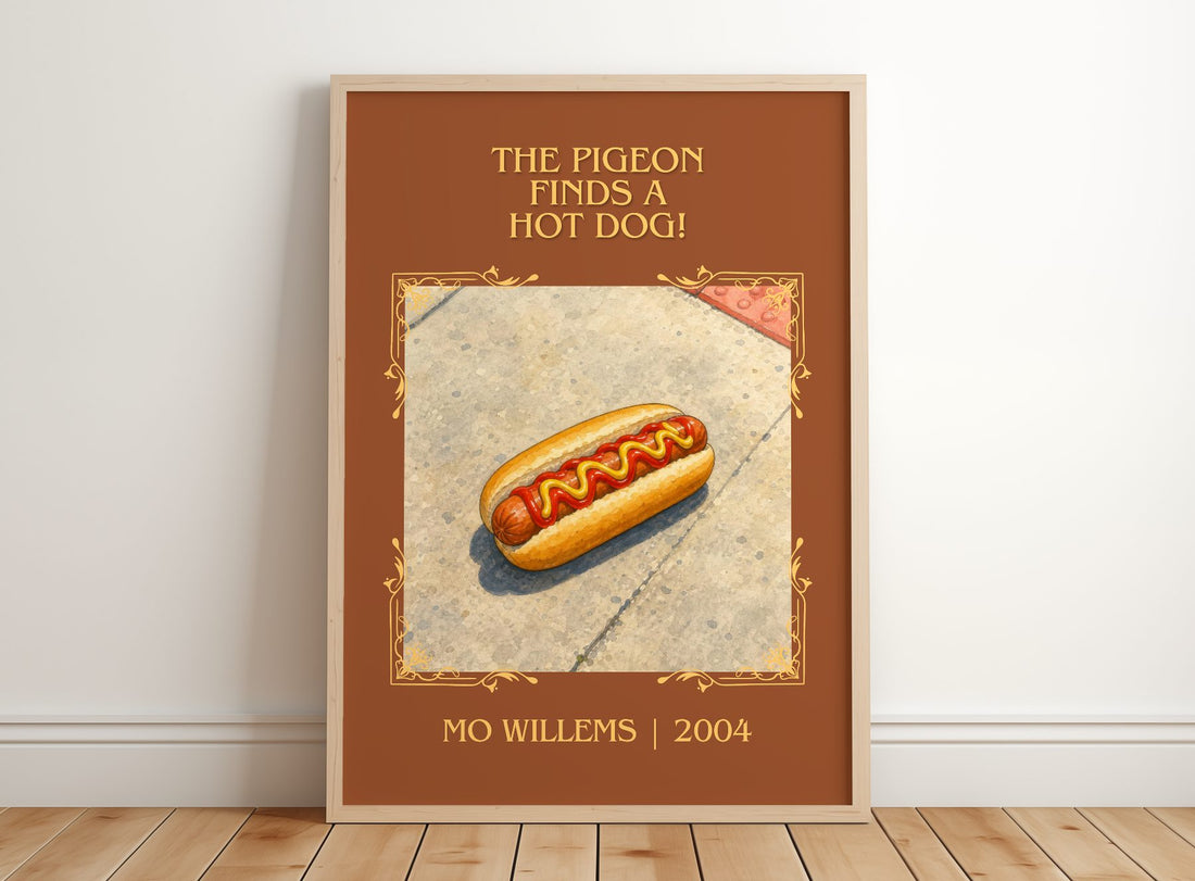 The Pigeon finds a hot dog! Classic Book Art Print by Mo Willems – framed print leaning on a wooden floor