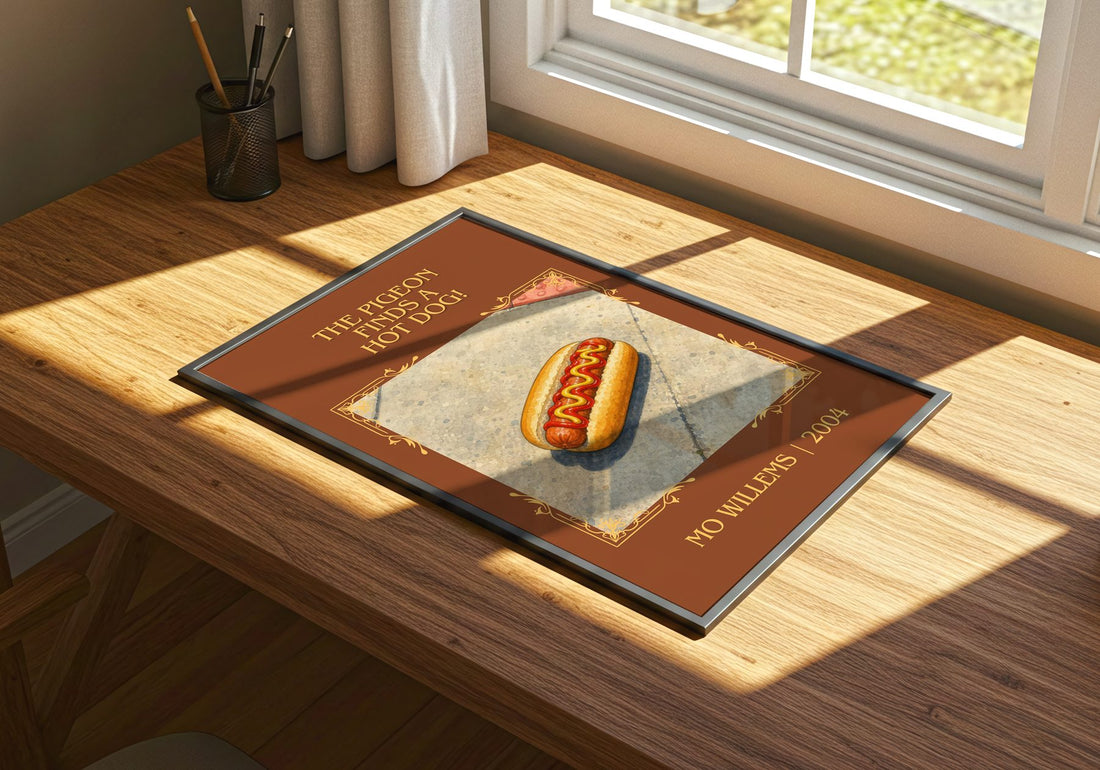 The Pigeon finds a hot dog! Classic Book Art Print by Mo Willems – print on a sunlit desk