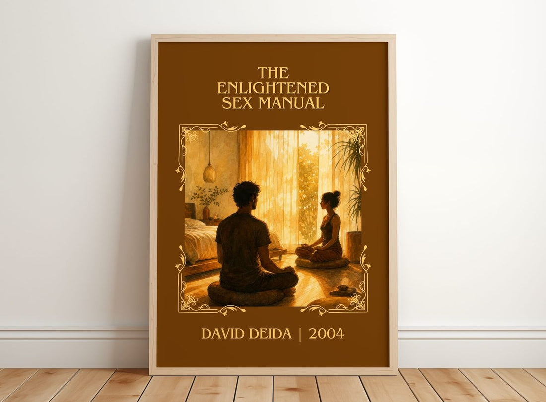 The Enlightened Sex Manual Classic Book Art Print by David Deida – framed print leaning on a wooden floor