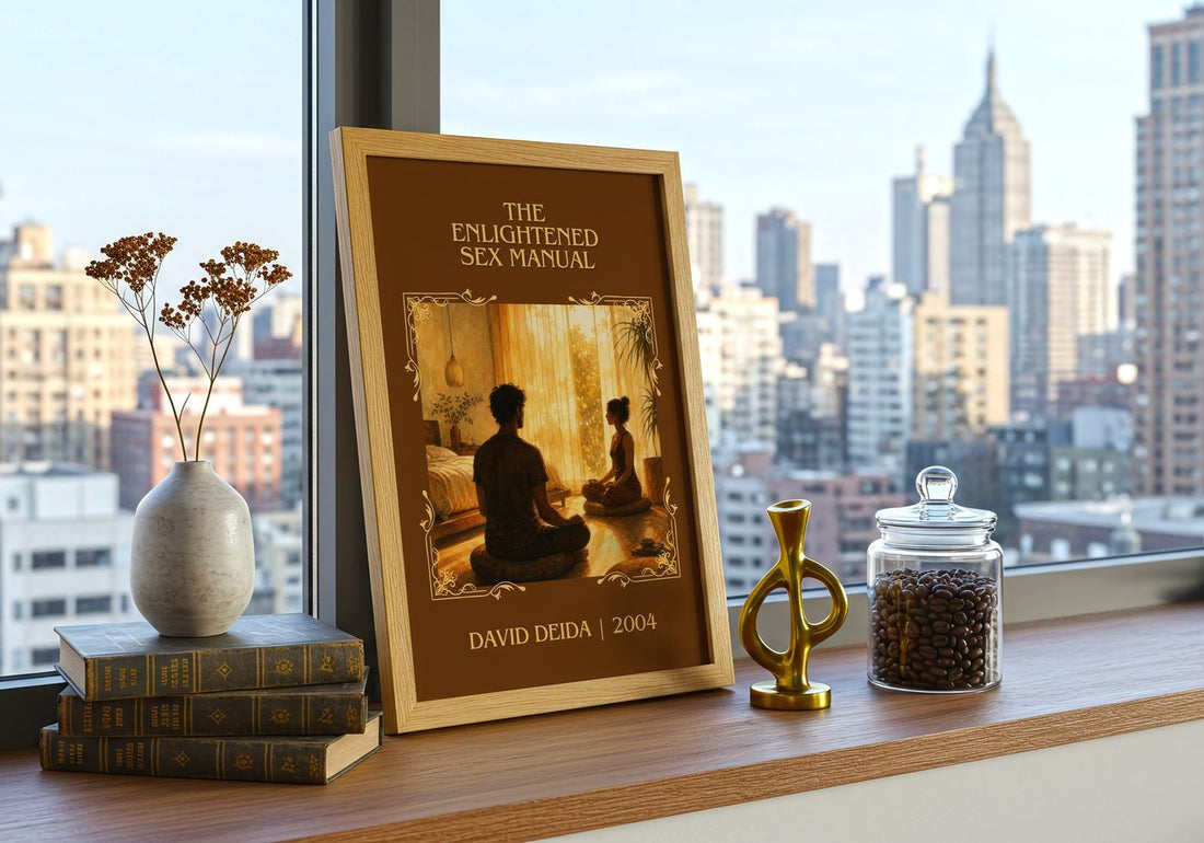 The Enlightened Sex Manual Classic Book Art Print by David Deida – framed print on a city-view windowsill
